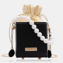 Women PU Leather Rectangle String Pearl Chain Phone Bag Handbag Shoulder Bag Crossbody Bags