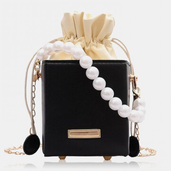 Women PU Leather Rectangle String Pearl Chain Phone Bag Handbag Shoulder Bag Crossbody Bags Women PU Leather Rectangle String Pearl Chain Phone Bag Handbag Shoulder Bag Crossbody Bags