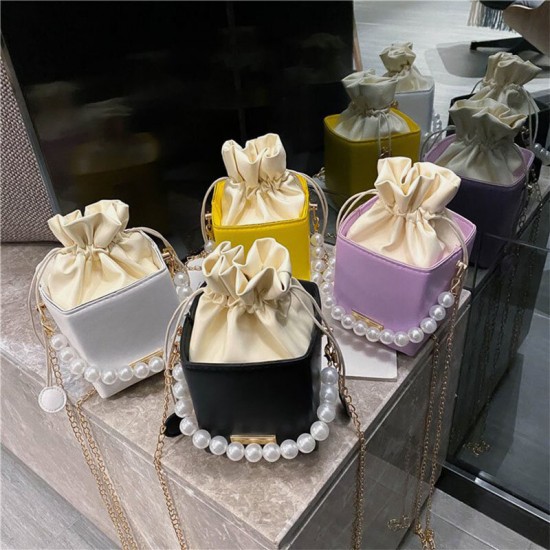 Women PU Leather Rectangle String Pearl Chain Phone Bag Handbag Shoulder Bag Crossbody Bags Women PU Leather Rectangle String Pearl Chain Phone Bag Handbag Shoulder Bag Crossbody Bags