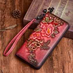 Women Genuine Leather Wallet Floral Pattern Long Multifunctional Retro Coin Purse Money Wallets Clutch Bags