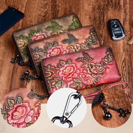 Women Genuine Leather Wallet Floral Pattern Long Multifunctional Retro Coin Purse Money Wallets Clutch Bags Women Genuine Leather Wallet Floral Pattern Long Multifunctional Retro Coin Purse Money Wallets Clutch Bags