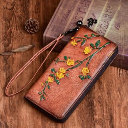 Women Genuine Leather Wallet Floral Embossed Pattern Retro Long Coin Purse Money Wallets Clutch Bags