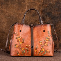 Women Floral Pattern Embossed Vegetable TannedLeather Crossbody Bags Retro Large Capacity Genuine Leather Shoulder Bag Handbag