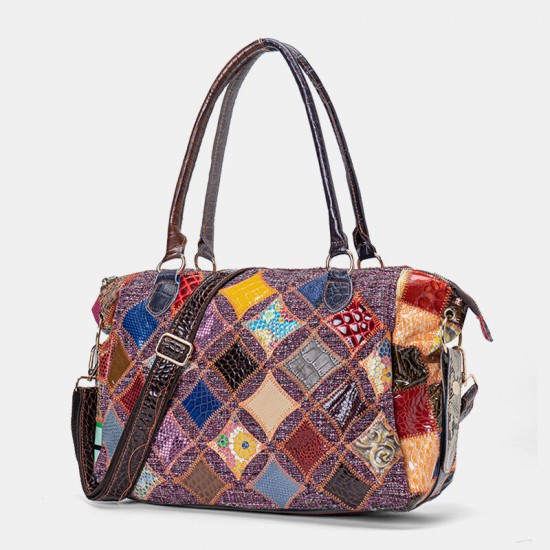 Women Genuine Leather Colored Lattice Pattern Handbags Vintage Large-capacity Tote Shoulder Bag Women Genuine Leather Colored Lattice Pattern Handbags Vintage Large-capacity Tote Shoulder Bag