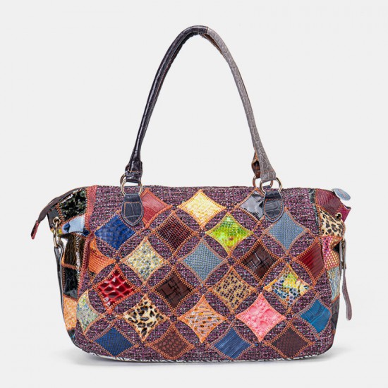 Women Genuine Leather Colored Lattice Pattern Handbags Vintage Large-capacity Tote Shoulder Bag Women Genuine Leather Colored Lattice Pattern Handbags Vintage Large-capacity Tote Shoulder Bag