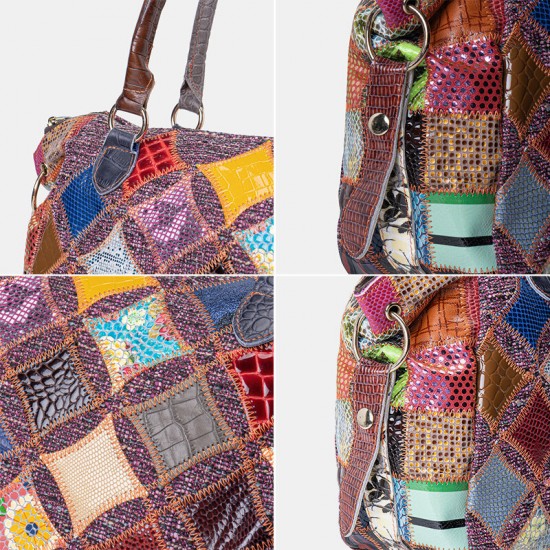 Women Genuine Leather Colored Lattice Pattern Handbags Vintage Large-capacity Tote Shoulder Bag Women Genuine Leather Colored Lattice Pattern Handbags Vintage Large-capacity Tote Shoulder Bag