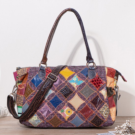 Women Genuine Leather Colored Lattice Pattern Handbags Vintage Large-capacity Tote Shoulder Bag Women Genuine Leather Colored Lattice Pattern Handbags Vintage Large-capacity Tote Shoulder Bag